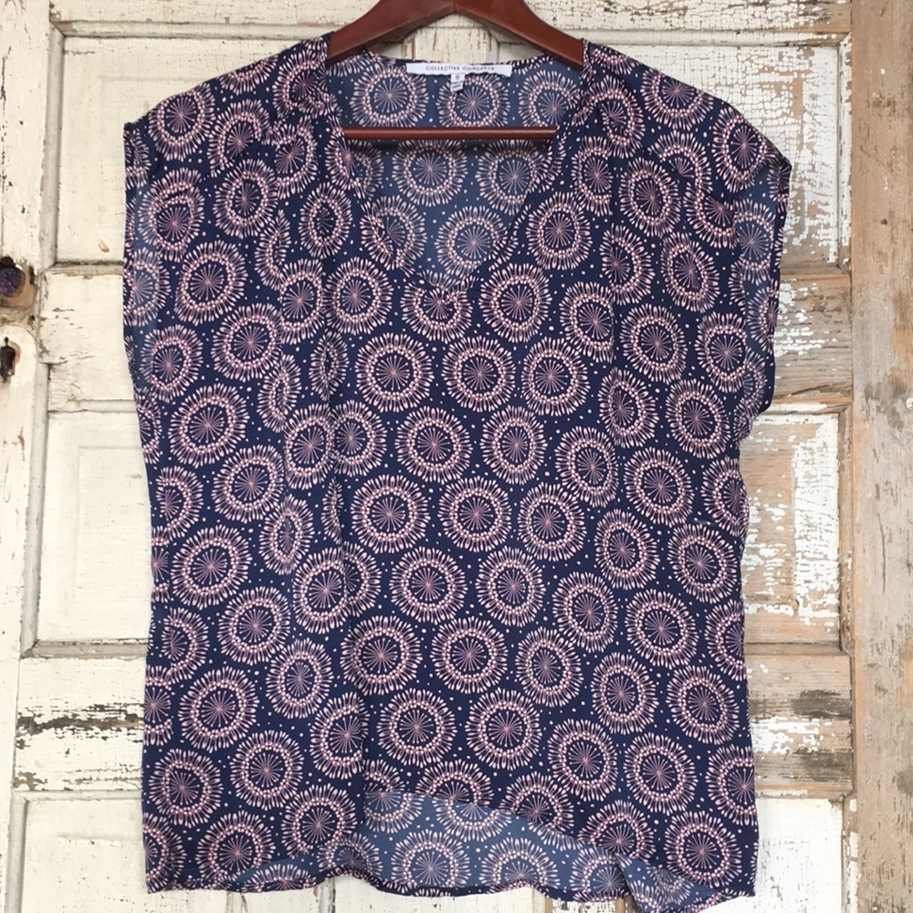 EUC Chiffon Boho Retro Print Navy Blue Top